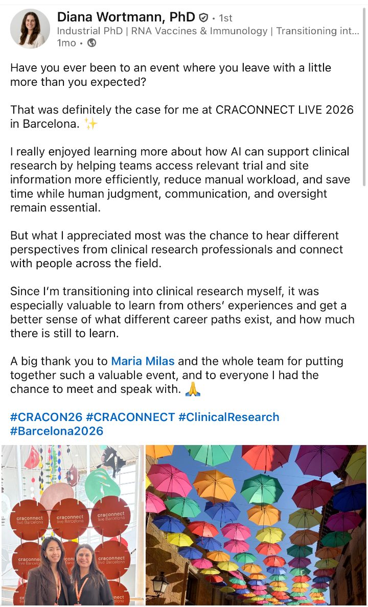 Diana Wortmann on LinkedIn about CRACONNECT LIVE 2026