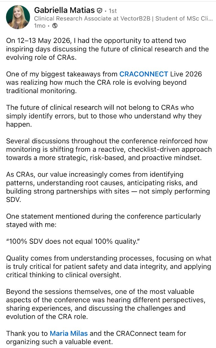 Gabriella Matias on LinkedIn about CRACONNECT LIVE 2026