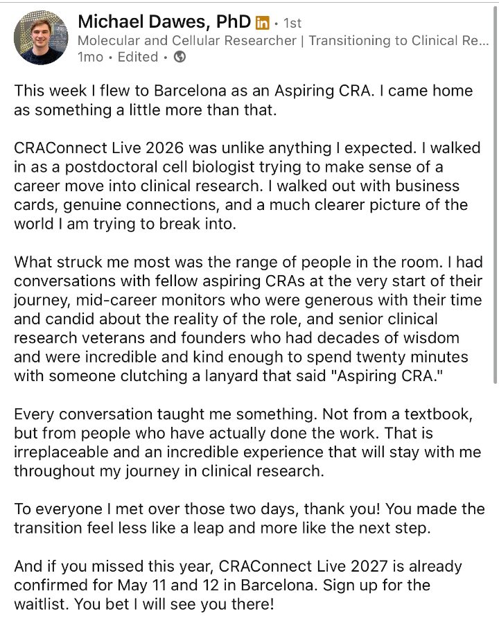 Michael Dawes on LinkedIn about CRACONNECT LIVE 2026