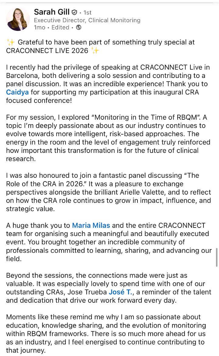 Sarah Gill on LinkedIn about CRACONNECT LIVE 2026